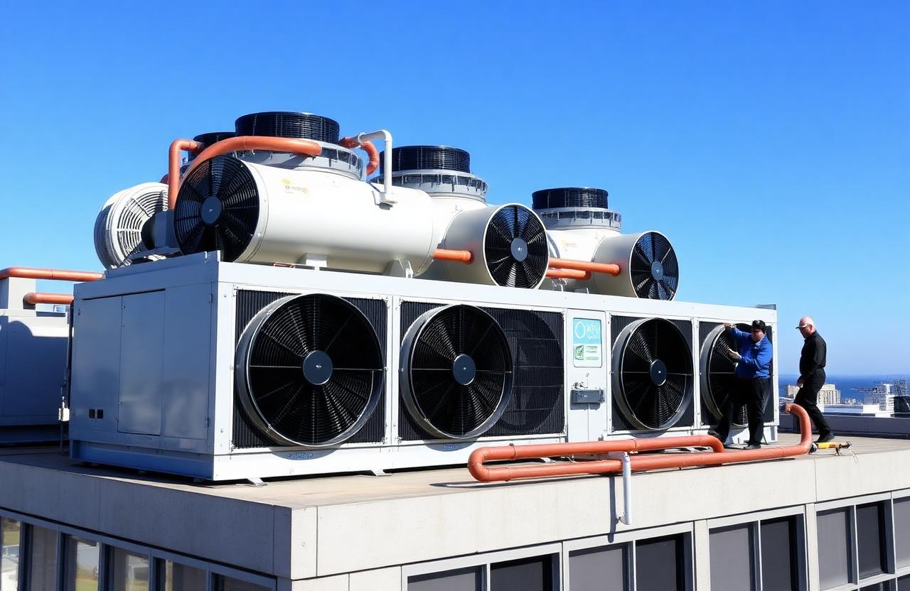 Technicians inspecting fans and refrigerant pipework on a rooftop chiller in Sydney