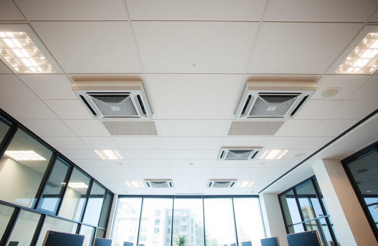 Ceiling cassette air conditioning units installed across a Sydney office ceiling grid