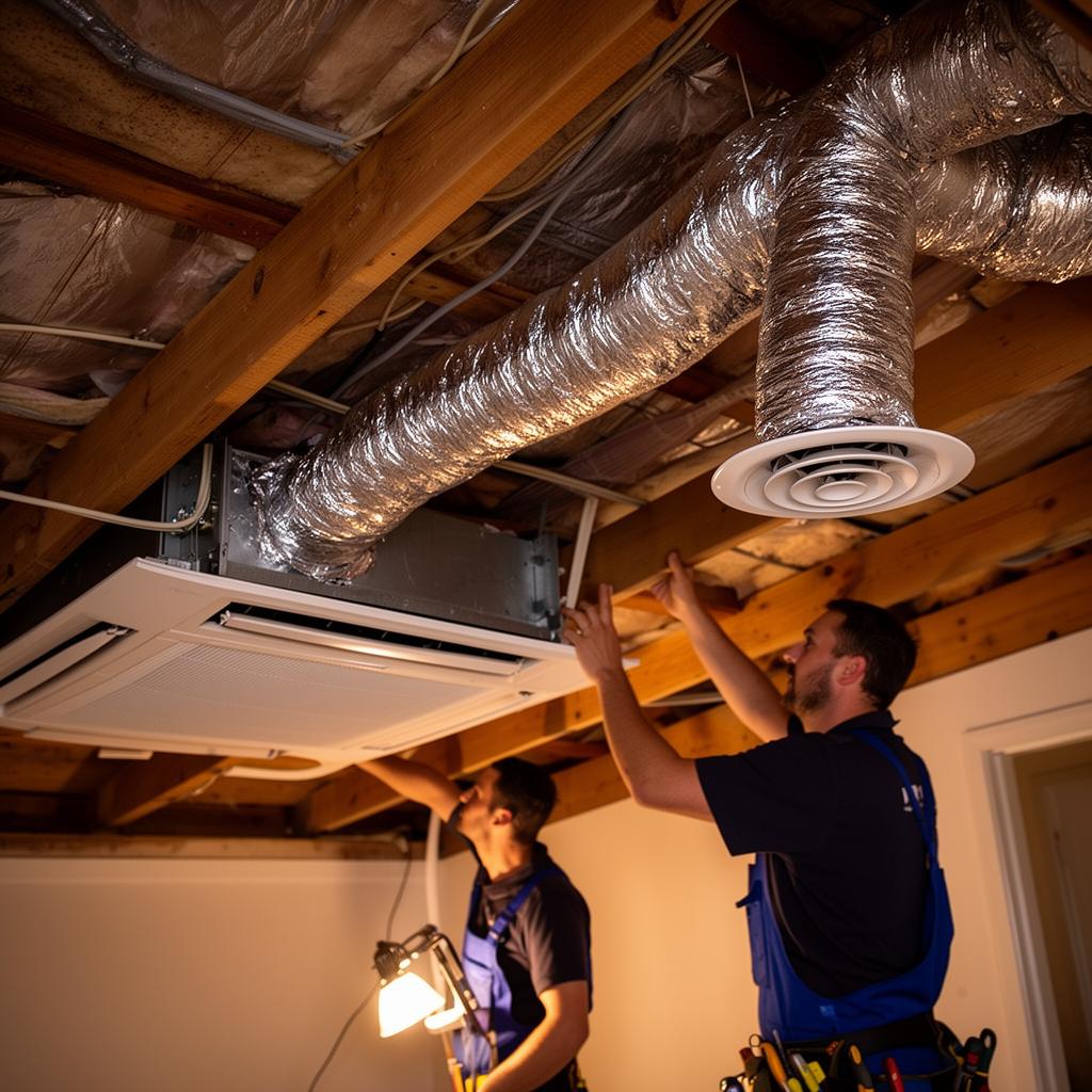 Precision Air Worx technicians installing flexible ducting and a ceiling diffuser in a Sydney roof space