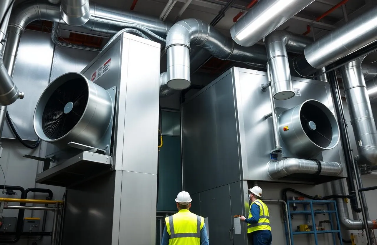 Technicians inspecting air handling units and ducting in a commercial plant room
