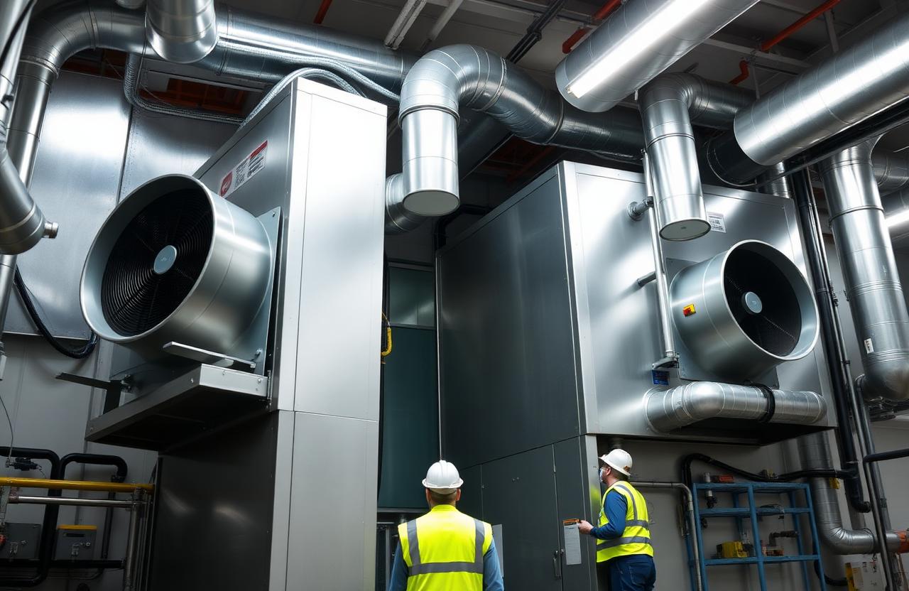 Technicians inspecting air handling units and ducting in a commercial plant room