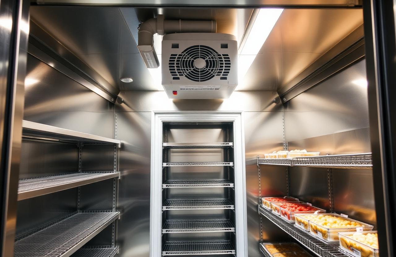 Interior of a stainless steel commercial cool room with ceiling-mounted evaporator and stock shelving