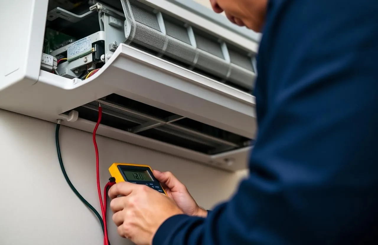 Precision Air Worx technician using a multimeter to fault-find a split system circuit board