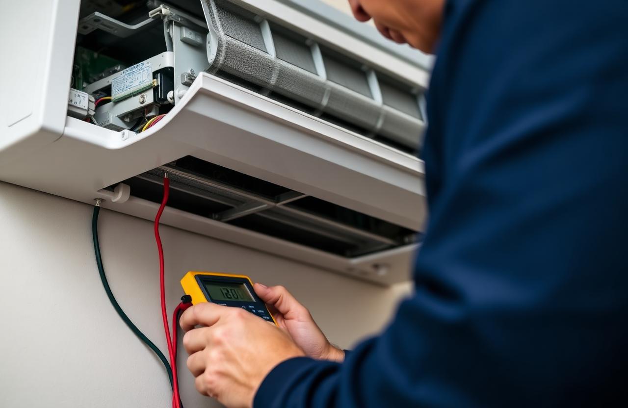 Precision Air Worx technician using a multimeter to fault-find a split system circuit board