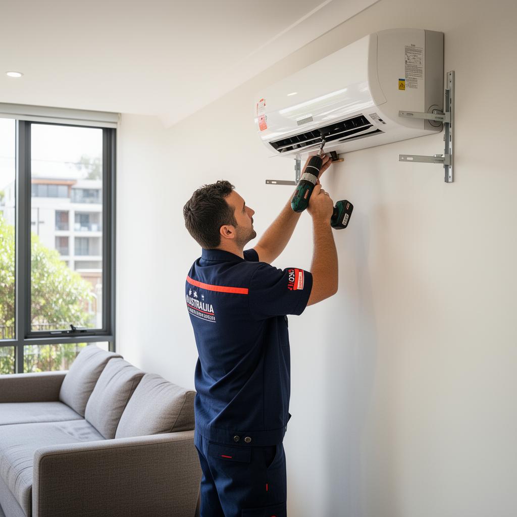 Precision Air Worx technician mounting a split system head unit
